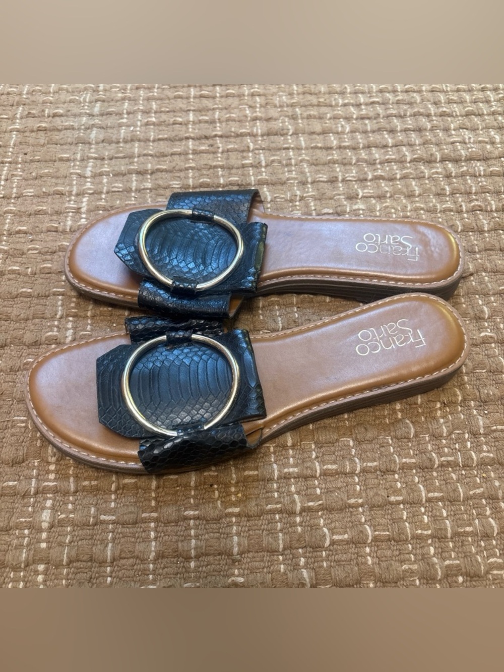 Franco Sarto Black Slide Sandals with Gold Ring Detail